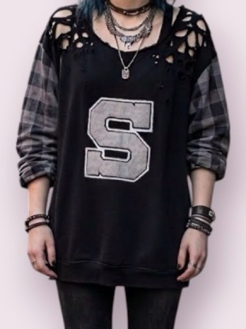 Furst Of A Kind Distressed Grunge Varsity Sweatshirt Letter S Flannel Sleeves L